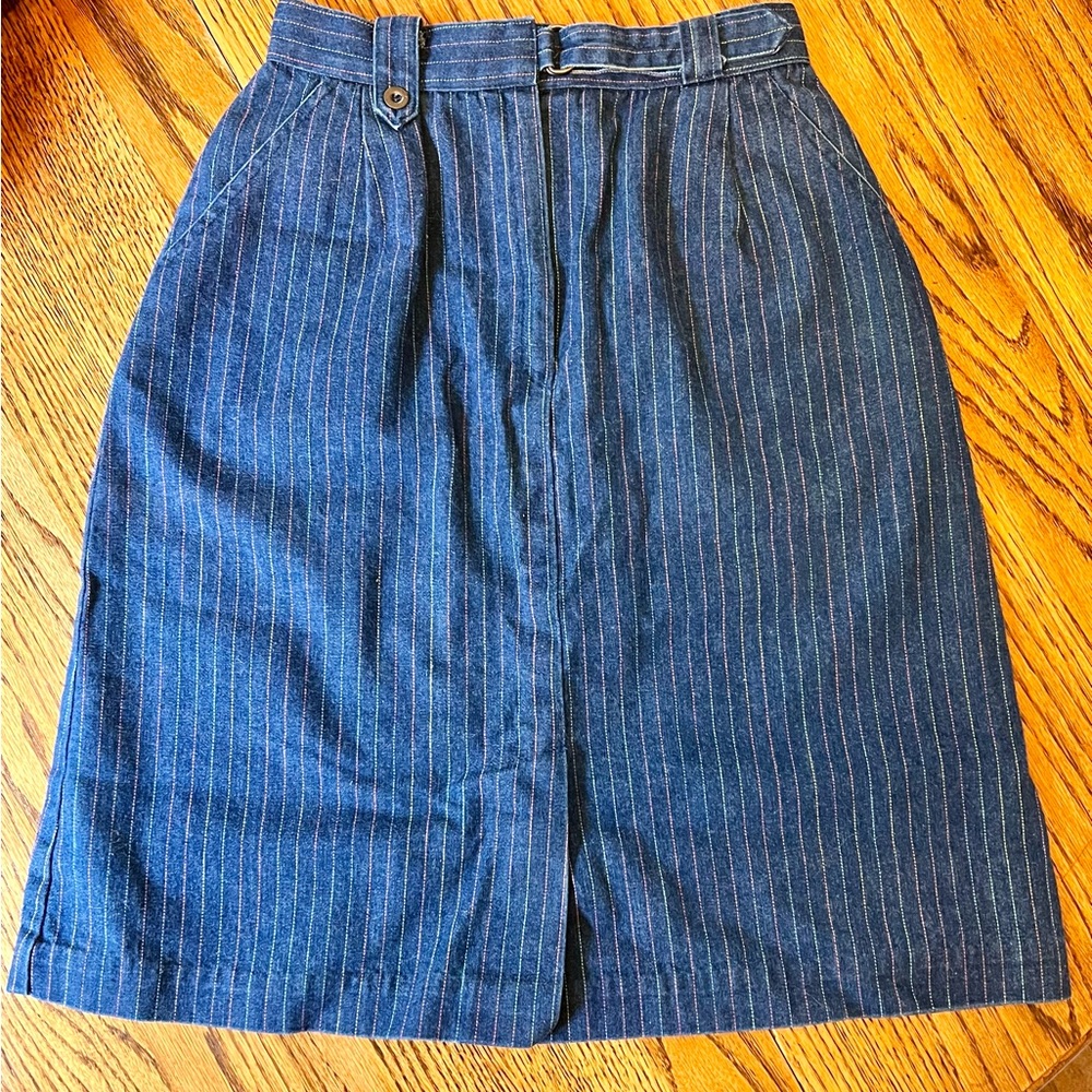 Vintage Denim Skirt with Rainbow Pinstripes